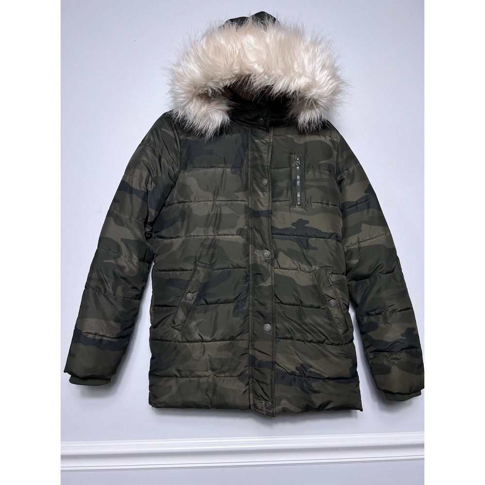 Abercrombie Green Camo Girls 11/12 Sherpa Lined Puffer Jacket/Coat-Hood Faux Fur